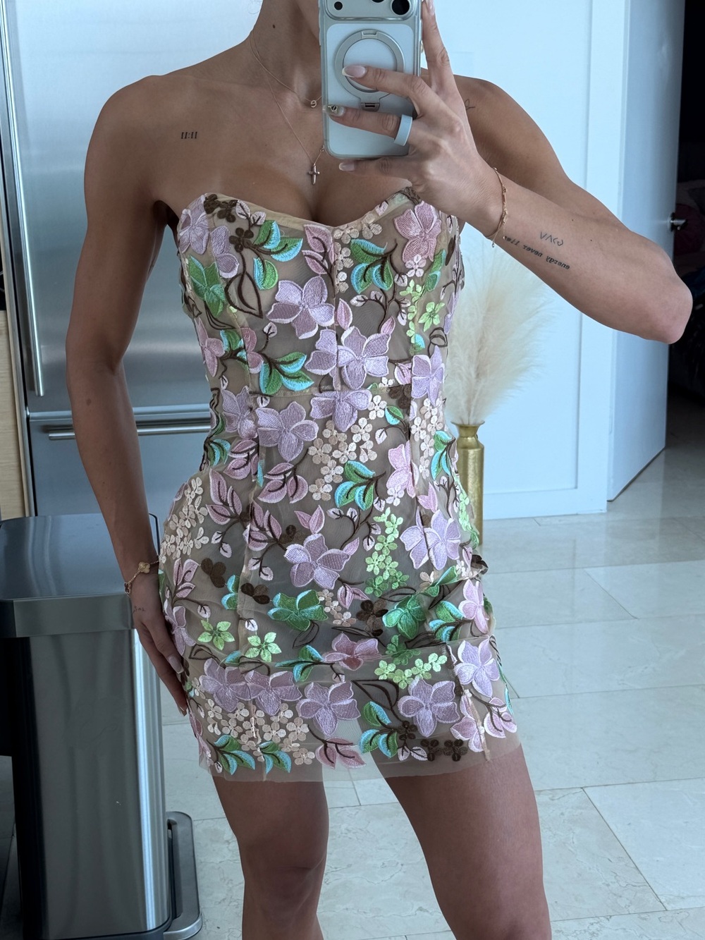 Fashion Nova Strapless Floral Embroidered Mini Dress in Taupe, Pink & Green